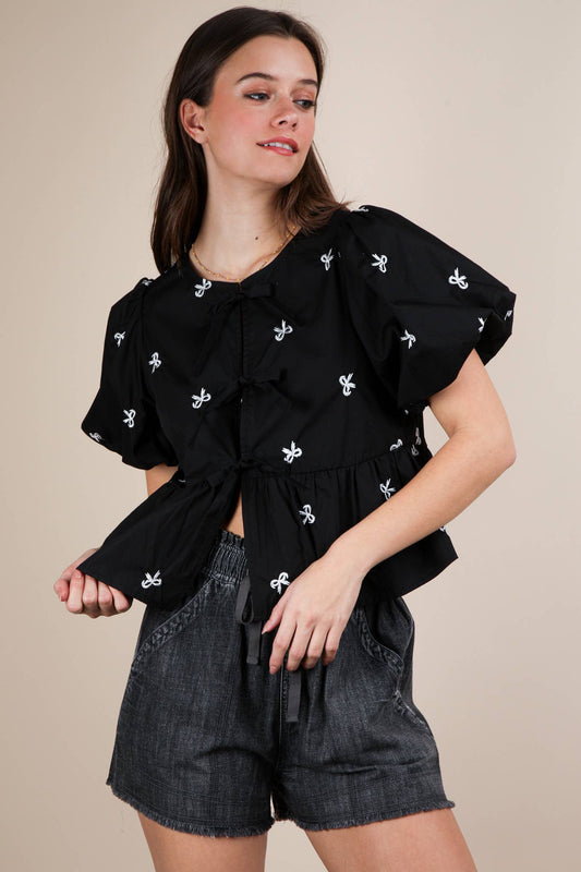 Black Front Tie Bow Embroidered Blouse Top