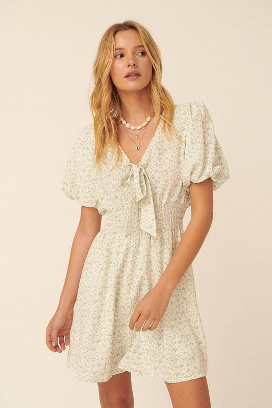 Floral V Neck Tie Puff Sleeve Smock Mini Dress