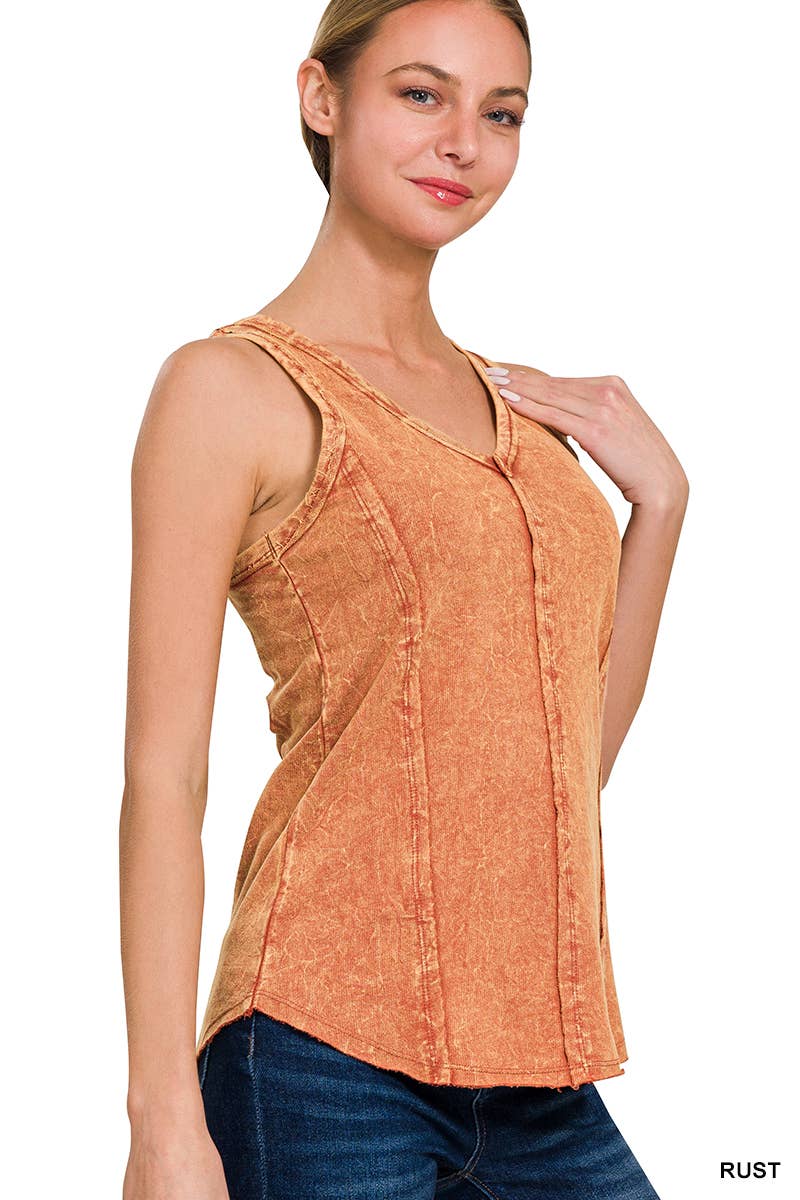 Washed Raw Edge V Neck Sleeveless Top