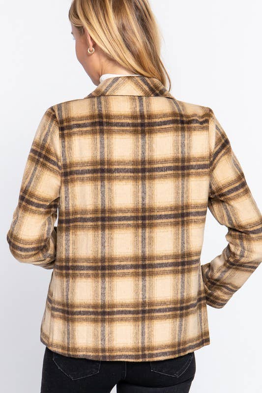 Long Sleeve Notched Collar Plaid Jacket