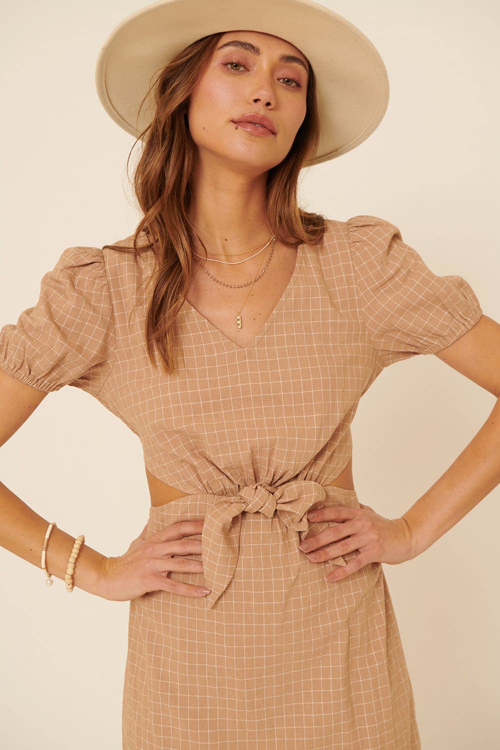 Plaid V Neck Puff Sleeve Back Cutout Mini Dress