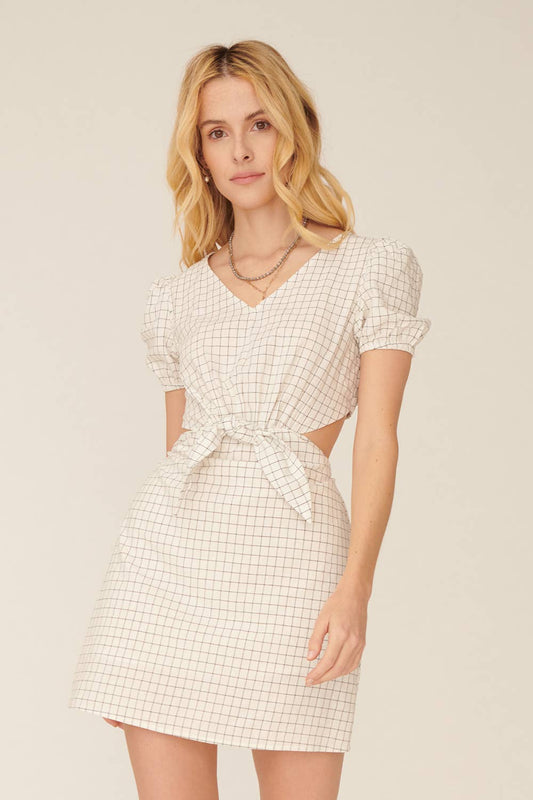 Plaid V Neck Puff Sleeve Back Cutout Mini Dress