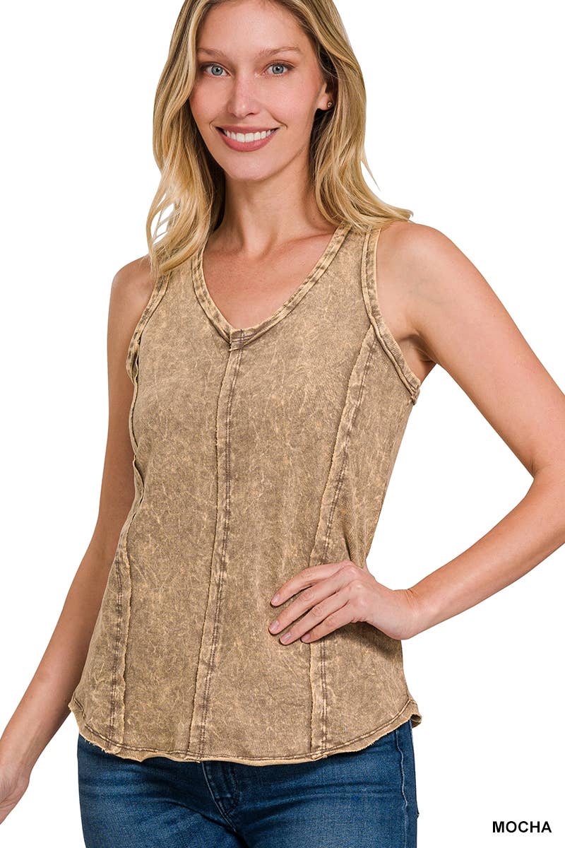 Washed Raw Edge V Neck Sleeveless Top