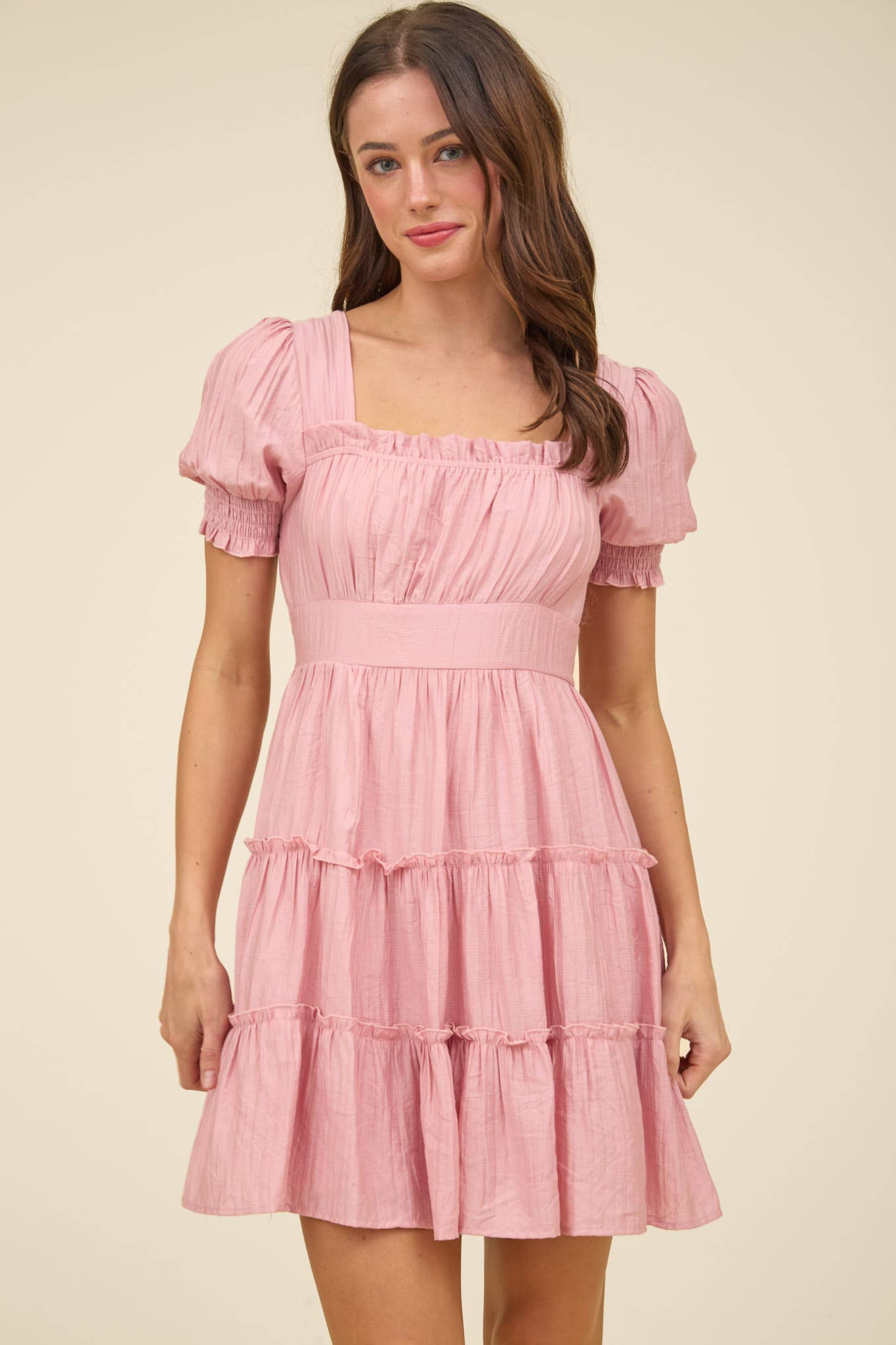 PINK SMOCKED TIERED MINI DRESS