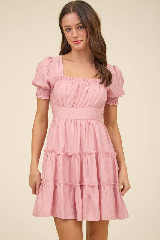 PINK SMOCKED TIERED MINI DRESS