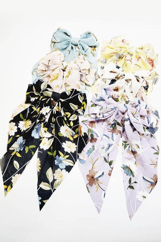 Flower Print Long Tail Barrette Double Hair Bow