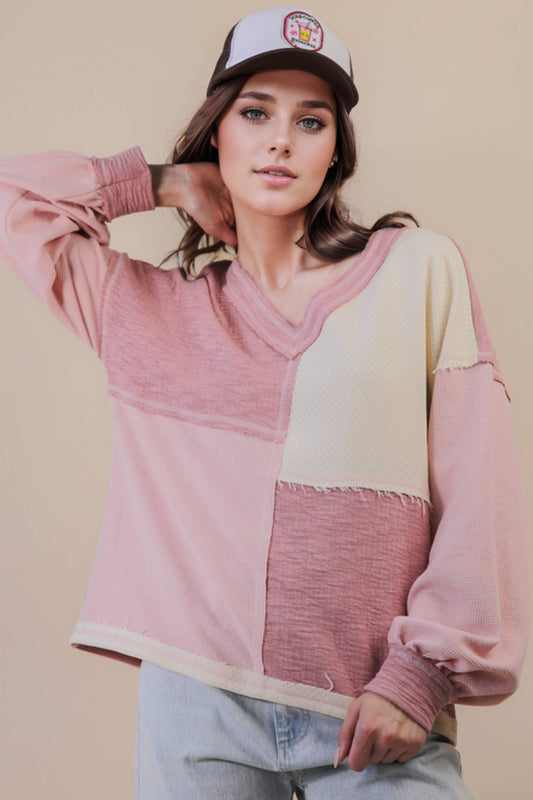 Pink Oversized Color Block Casual Knit Top