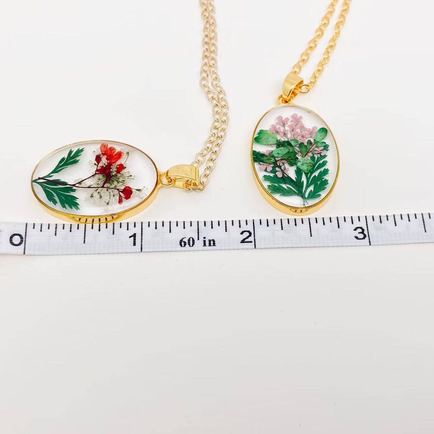 Pressed Dried Flowers Oval Pendant Necklace