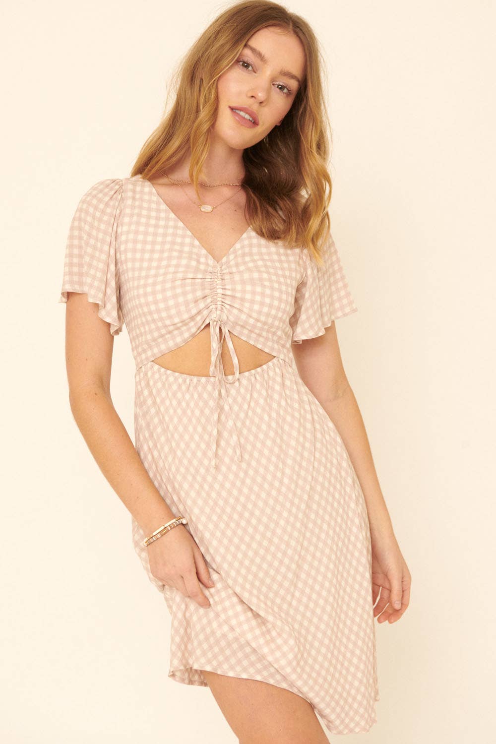 Plaid V-Neck Front Cutout Elastic Waist Mini Dress
