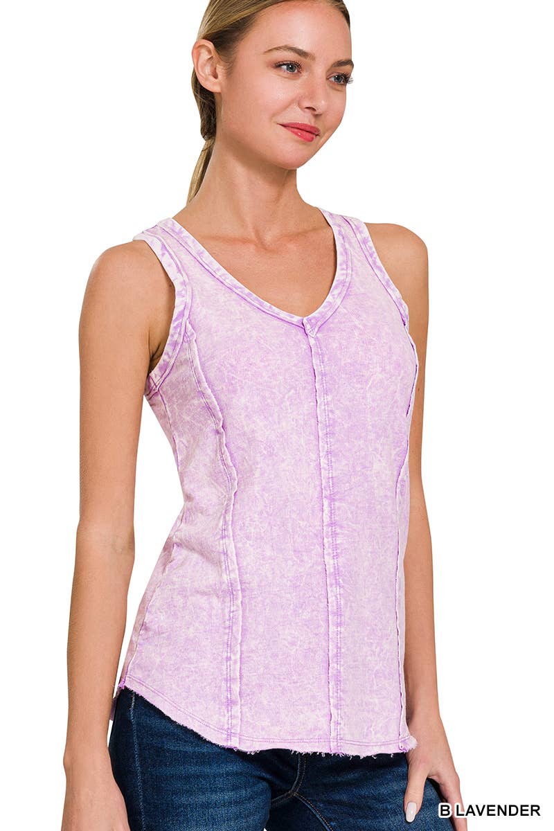 Washed Raw Edge V Neck Sleeveless Top